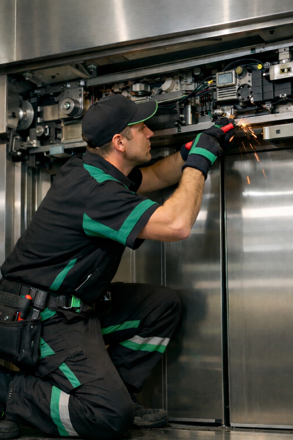 Técnico Elevare realizando modernização de elevador