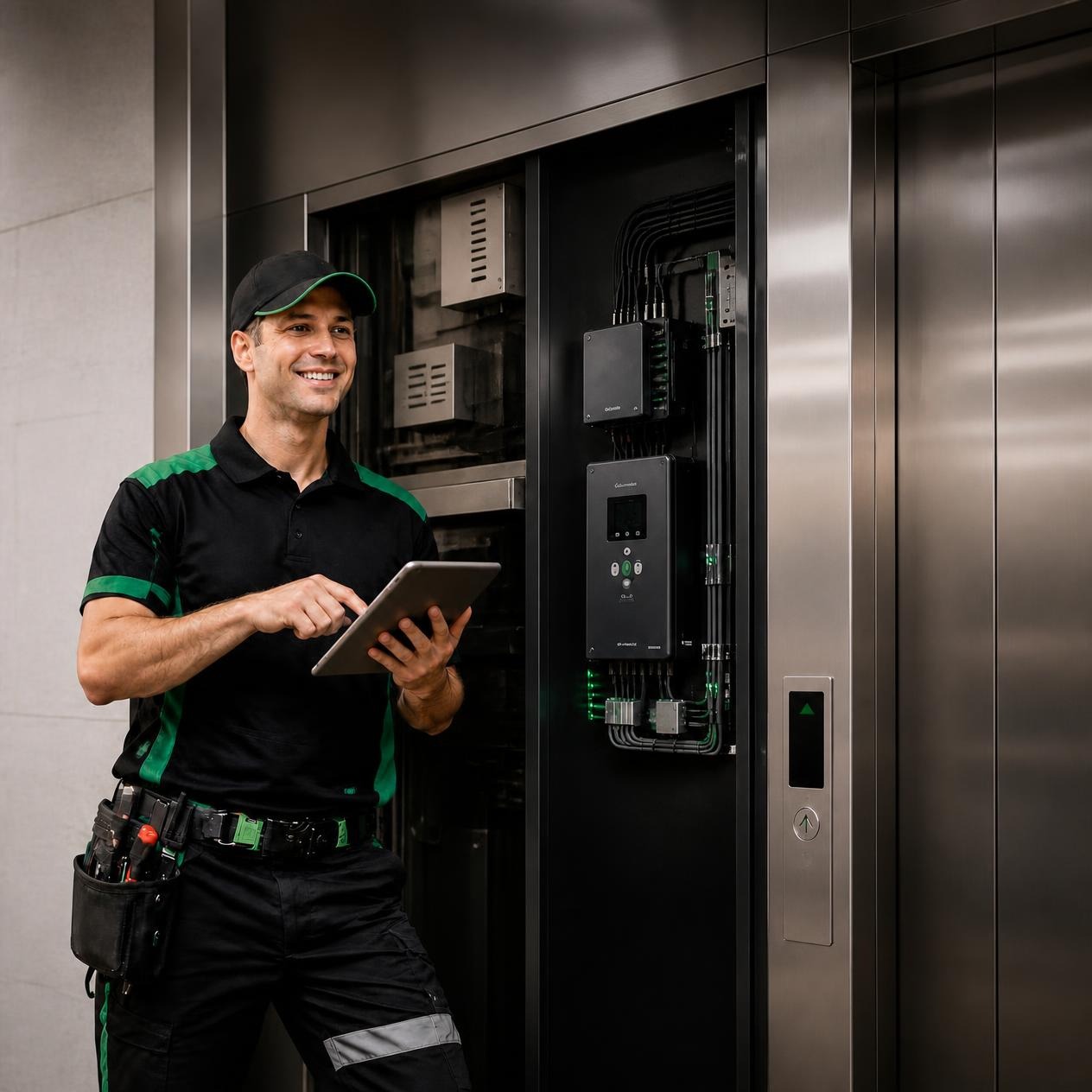 Técnico Elevare realizando modernização técnica em quadro de comando